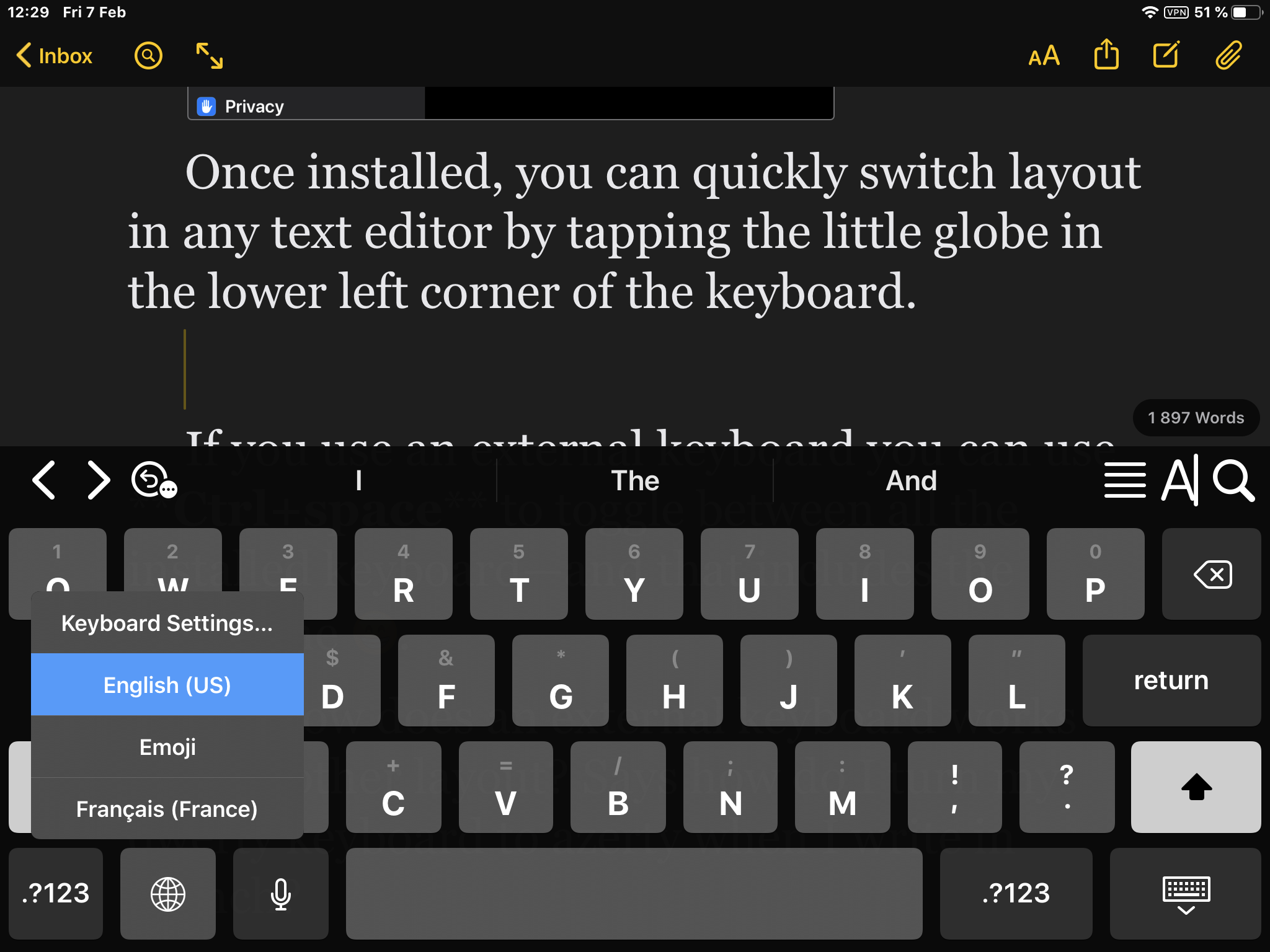 Writing French characters with a qwerty keyboard on the iPad – The