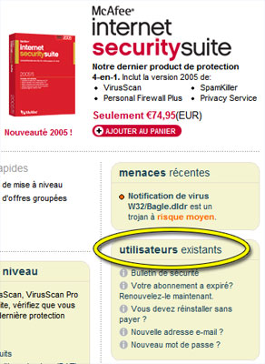 site web de McAfee, avec une rubrique Utilisateurs existants